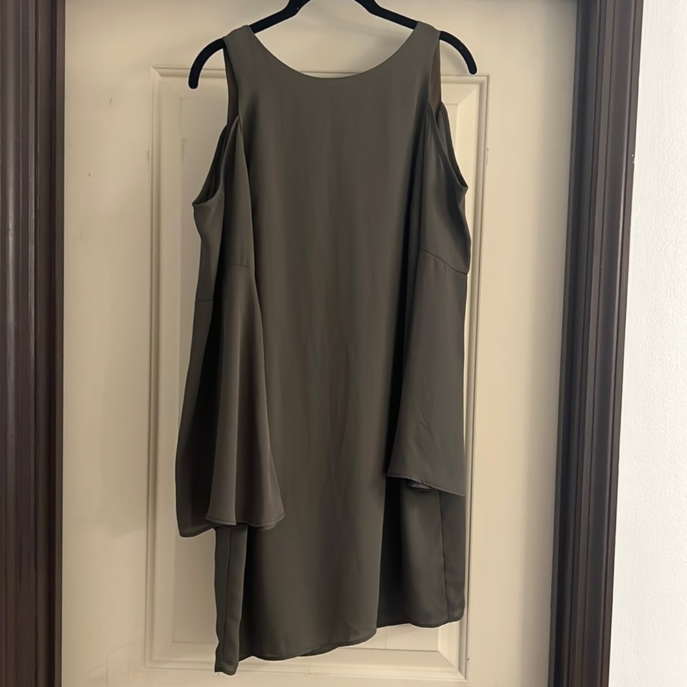 Open shoulder, bell sleeve aqua dress